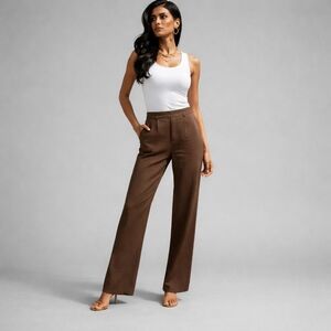 Cristina B Brown Linen Rayon Blend Wide Leg Pants High Rise Lightweight